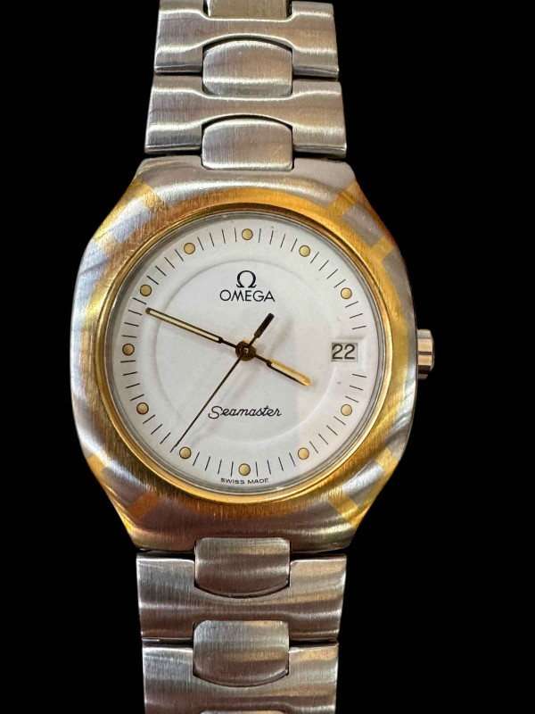 Omega Seamaster two tone date lady's bracelet watch, verso Regloplas 1989, with box.