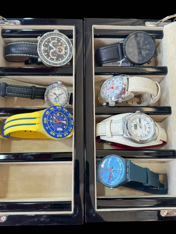 Two watch display cases and seven watches.
