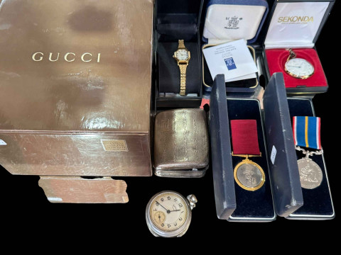 Watches, National Service medals, silver cigarette case, etc.