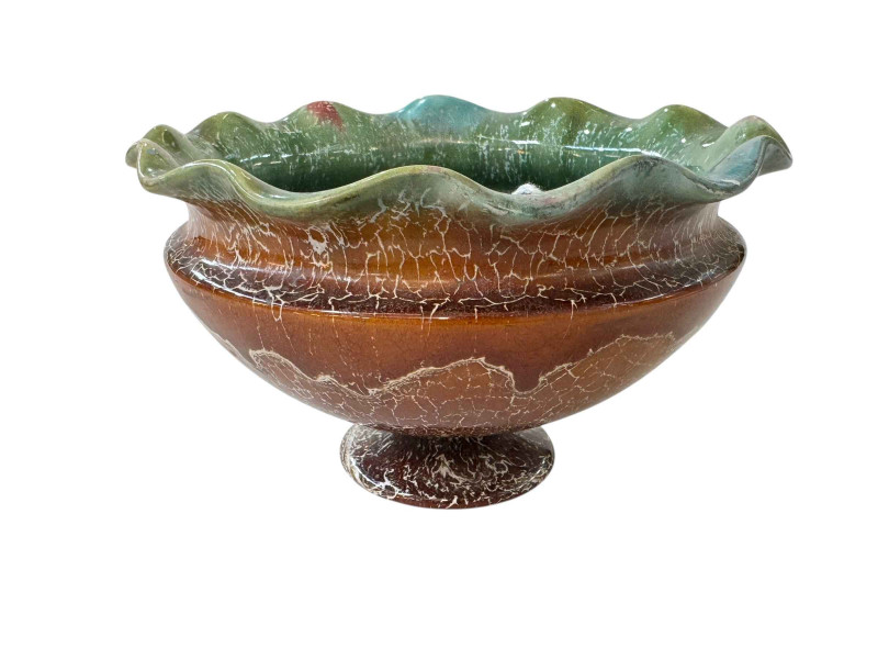 Linthorpe pottery pedestal bowl with crackle glaze, shape no. 1049, 17.5cm dia.