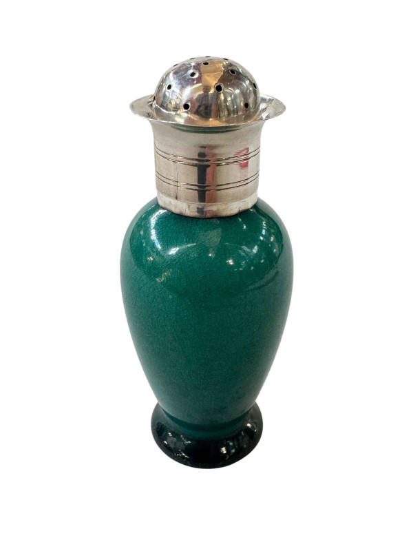 Linthorpe pottery Chr. Dresser silver topped pepperette, impressed marks with shape no. 841 and hallmarked Birmingham 1882, 11cm.