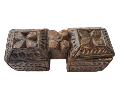 Tribal carved wood spice/tobacco box 28cm across and tribal spoon, . thumbnail