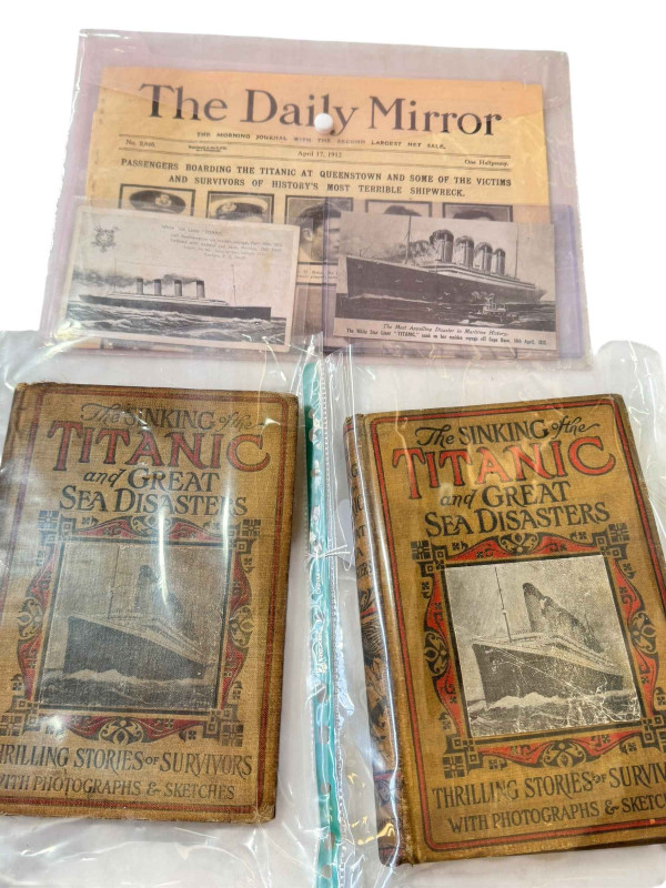 Titanic books and postcard, including 1912 Sinking of the Titanic and Great Sea Disasters, Saleman's Sample 1912 book and Daily Mirror newspaper.