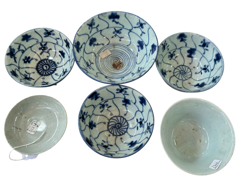Six antique Chinese blue and white bowls, some with seal mark.