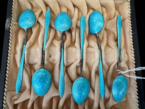 Set of six Continental silver and blue enamel coffee spoons.