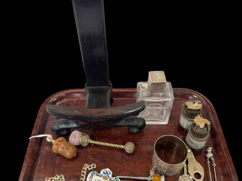 Tray lot of collectables including silver topped cologne bottle, two Scottish...