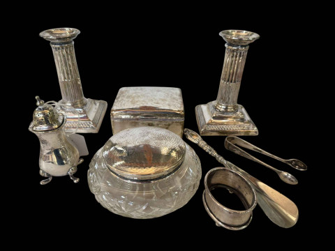 Pair silver column candlesticks, London 1897, silver cigarette box, tongs,...