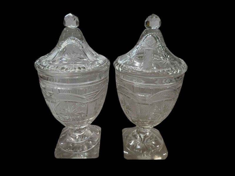 Pair late Georgian cut glass lidded urns.