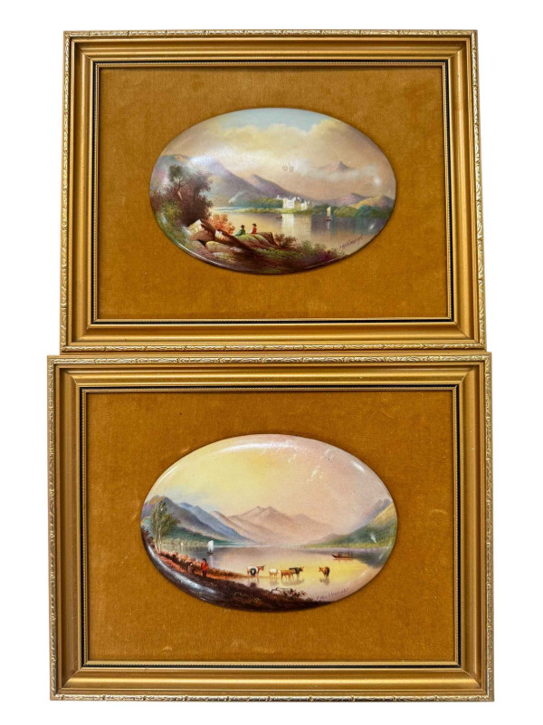 Pair of painted oval plaques by F Micklewright (Welsh artist), of highland scenes, framed, 22cm by 28cm frames.