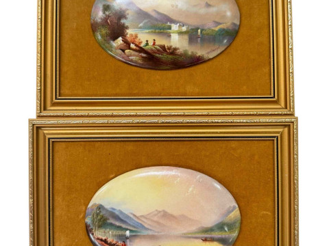 Pair of painted oval plaques by F Micklewright (Welsh artist), of highland...