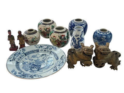Collection of Oriental blue and white pottery including ginger jars, vase...