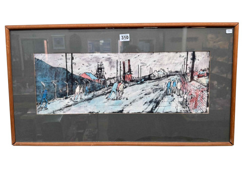 Tom McGuinness, Bear Park Colliery, Original Wash Off, signed lower right, 20cm by 57cm, framed, London Art Gallery Label verso. NOTE: Inspected and verified by Gallerina, Darlington. *ARR (Artists Resale Royalty Charge) may apply to this lot*. thumbnail