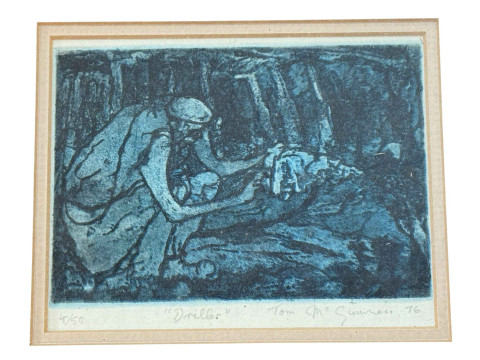 Tom McGuinness, five small framed mining prints, all signed, dated, titled and numbered in the margin, largest 28cm by 29cm including frame and small framed original wash off, Tall Woman, 30cm by 21.5cm, including frame. thumbnail