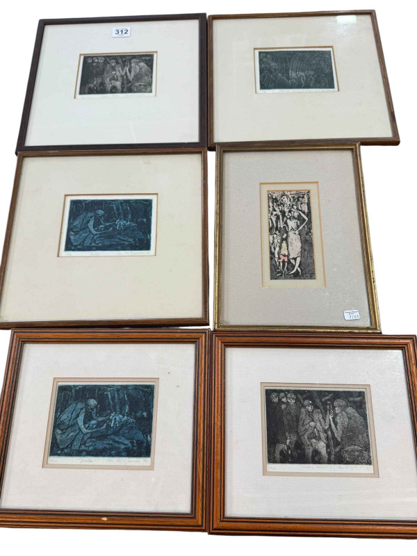 Tom McGuinness, five small framed mining prints, all signed, dated, titled and numbered in the margin, largest 28cm by 29cm including frame and small framed original wash off, Tall Woman, 30cm by 21.5cm, including frame.