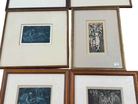Tom McGuinness, five small framed mining prints, all signed, dated, titled and numbered in the margin, largest 28cm by 29cm including frame and small framed original wash off, Tall Woman, 30cm by 21.5cm, including frame. thumbnail