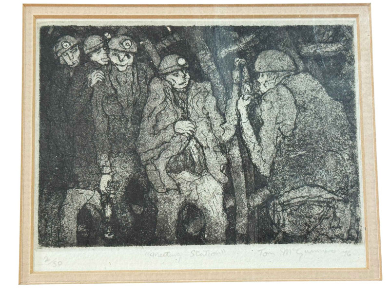 Tom McGuinness, five small framed mining prints, all signed, dated, titled and numbered in the margin, largest 28cm by 29cm including frame and small framed original wash off, Tall Woman, 30cm by 21.5cm, including frame.