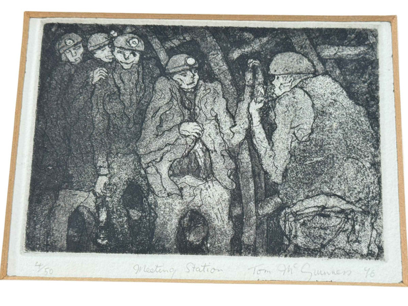 Tom McGuinness, five small framed mining prints, all signed, dated, titled and numbered in the margin, largest 28cm by 29cm including frame and small framed original wash off, Tall Woman, 30cm by 21.5cm, including frame.