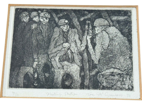 Tom McGuinness, five small framed mining prints, all signed, dated, titled and numbered in the margin, largest 28cm by 29cm including frame and small framed original wash off, Tall Woman, 30cm by 21.5cm, including frame. thumbnail