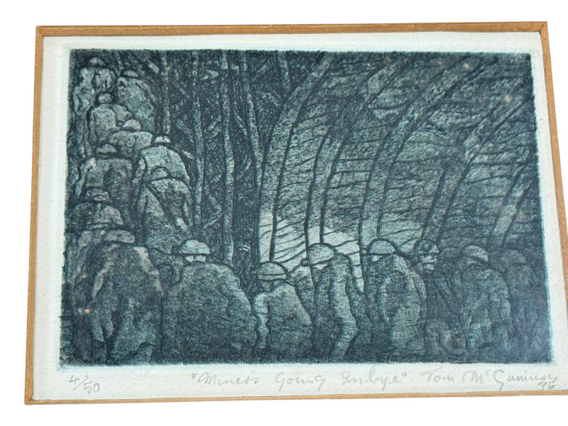 Tom McGuinness, five small framed mining prints, all signed, dated, titled and numbered in the margin, largest 28cm by 29cm including frame and small framed original wash off, Tall Woman, 30cm by 21.5cm, including frame.