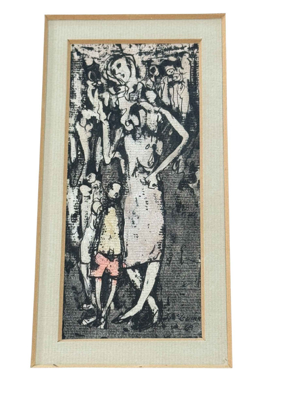 Tom McGuinness, five small framed mining prints, all signed, dated, titled and numbered in the margin, largest 28cm by 29cm including frame and small framed original wash off, Tall Woman, 30cm by 21.5cm, including frame.