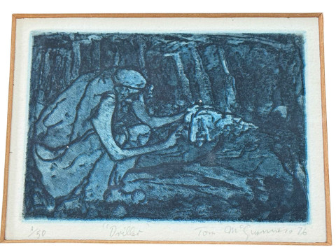 Tom McGuinness, five small framed mining prints, all signed, dated, titled and numbered in the margin, largest 28cm by 29cm including frame and small framed original wash off, Tall Woman, 30cm by 21.5cm, including frame. thumbnail