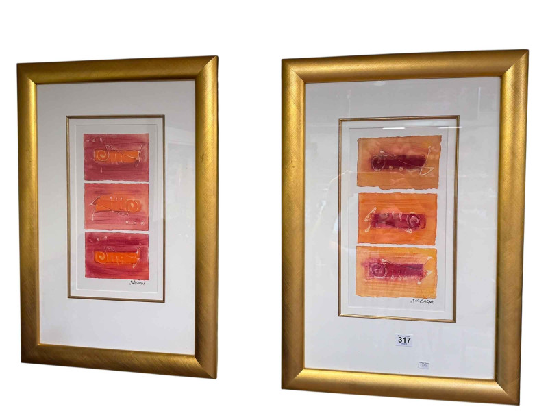 Katisaqui, pair framed contemporary artworks, signed, 64cm by 44cm, including frame.