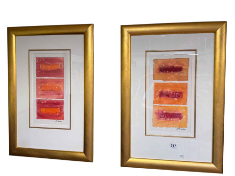 Katisaqui, pair framed contemporary artworks, signed, 64cm by 44cm, including...