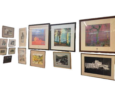 Collection of fourteen various framed paintings and prints including Grabinskis,...