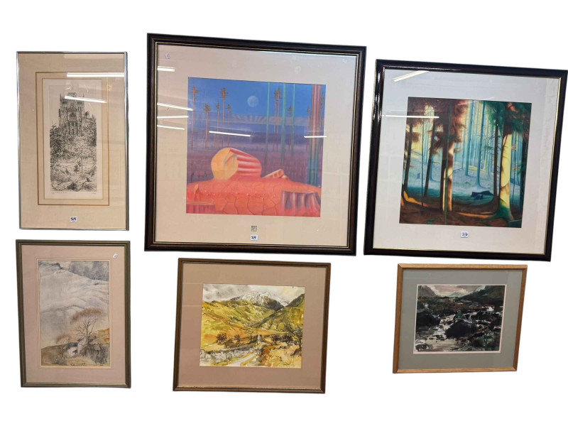 Collection of fourteen various framed paintings and prints including Grabinskis, three oils, signed landscape watercolours, local prints etc.