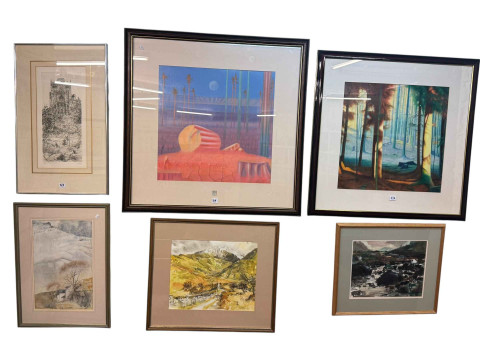 Collection of fourteen various framed paintings and prints including Grabinskis, three oils, signed landscape watercolours, local prints etc. thumbnail