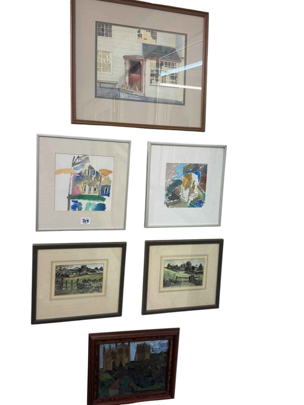 Collection of fourteen various framed paintings and prints including Grabinskis, three oils, signed landscape watercolours, local prints etc.