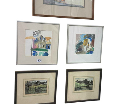 Collection of fourteen various framed paintings and prints including Grabinskis, three oils, signed landscape watercolours, local prints etc. thumbnail