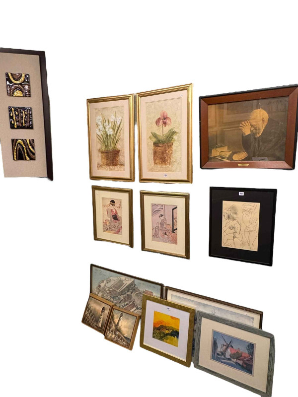 Collection of 13 various framed pictures including contemporary artwork, pencil sketch, etc.