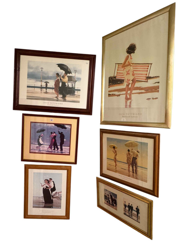 Jack Vettriano, six framed gallery and other prints.