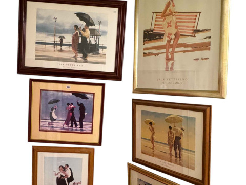 Jack Vettriano, six framed gallery and other prints.