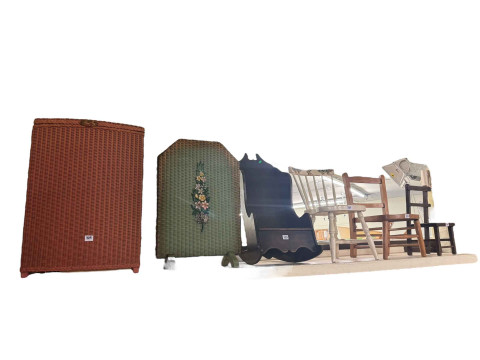 Lloyd Loom linen bin, Lloyd Loom fire screen, antique childs rocking chair,...