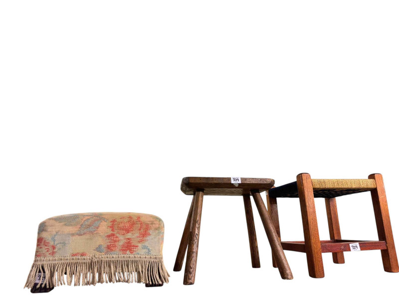 Lloyd Loom linen bin, Lloyd Loom fire screen, antique childs rocking chair, three childs chairs, three stools, three movie poster prints and seven various pictures (19).