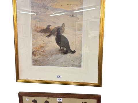 Archibald Thorburn limited edition print, spy print 'A Masters Meet', antique tripod occasional table and oval turned leg stool (4). thumbnail
