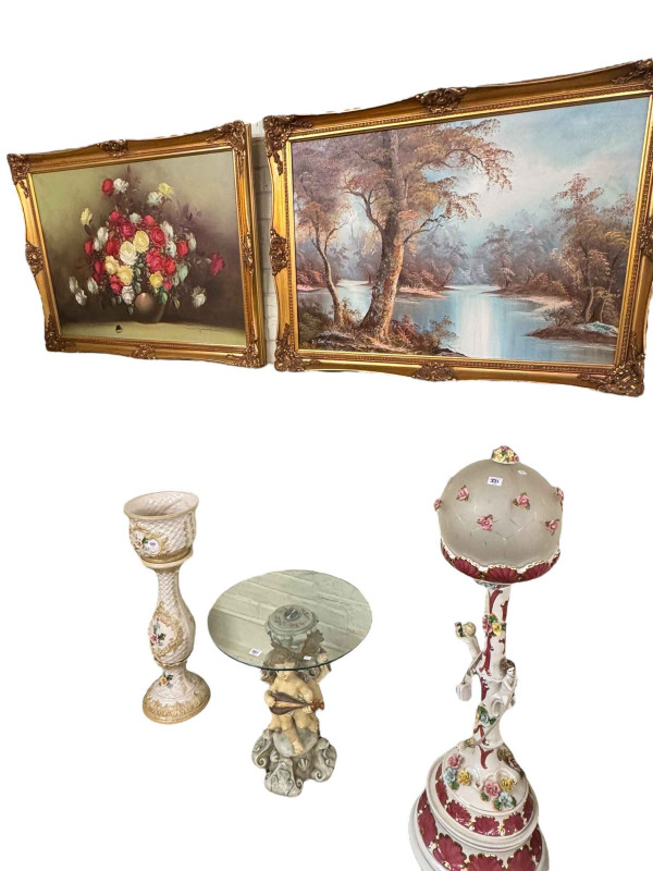 Two gilt framed contemporary oils on canvas, Continental cherub and floral encrusted floor lamp and shade, circular glass topped cherub pedestal table and Capo di Monte jardiniere and stand (5).
