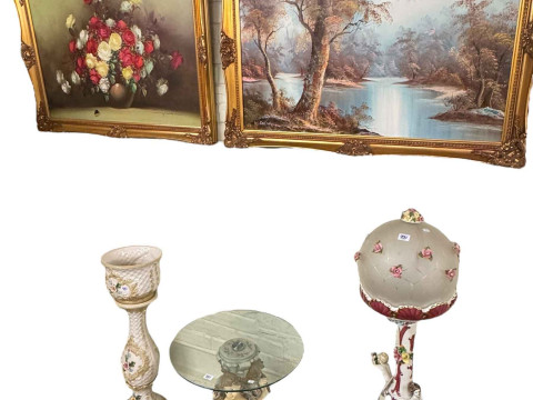 Two gilt framed contemporary oils on canvas, Continental cherub and floral...