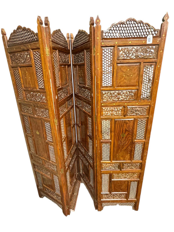 Indian hardwood and brass inlaid four-fold vanity screen, 175cm.