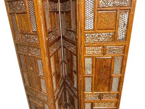Indian hardwood and brass inlaid four-fold vanity screen, 175cm. thumbnail
