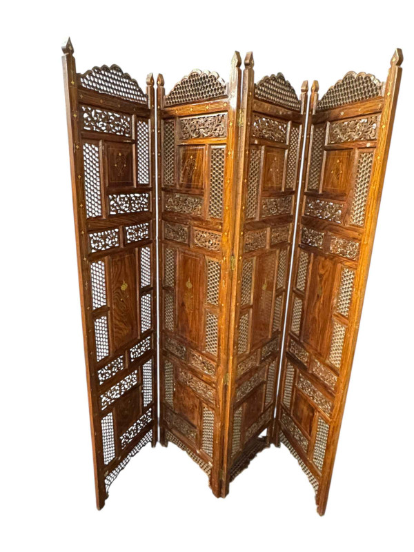 Indian hardwood and brass inlaid four-fold vanity screen, 175cm.