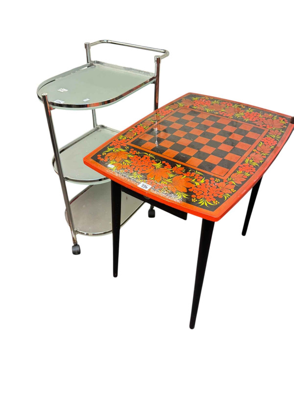 Victorian mahogany pedestal occasional table, painted chess board topped table, three-tier chrome and frosted glass trolley, two-division magazine rack, butlers tray, mahogany drop leaf coffee table and rug (7).