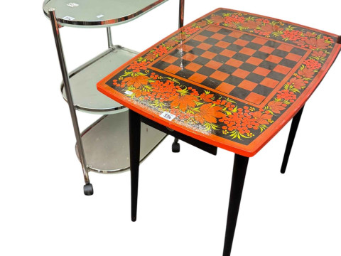 Victorian mahogany pedestal occasional table, painted chess board topped table, three-tier chrome and frosted glass trolley, two-division magazine rack, butlers tray, mahogany drop leaf coffee table and rug (7). thumbnail