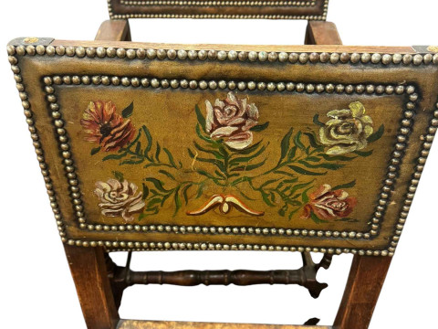 Set of eight oak floral painted hide and studded dining chairs including pair carvers. thumbnail