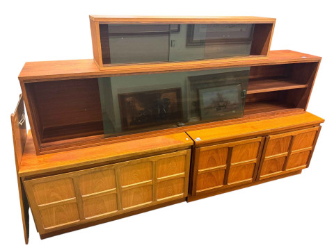 Two mid Century teak sliding door wall cabinets, pair Nathan teak low...