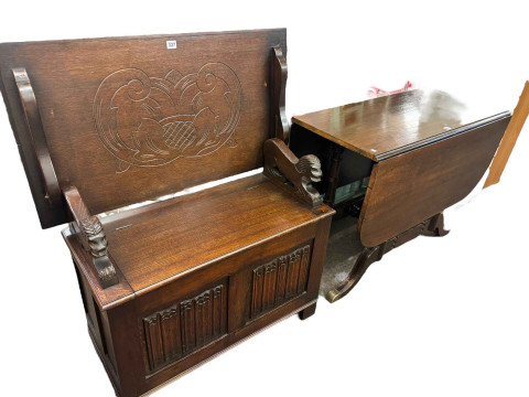 Carved oak linen fold panelled monks bench and mahogany drop leaf dining...