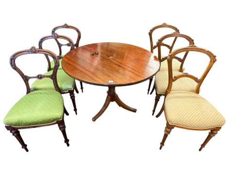 Victorian circular supper table on pedestal tripod base and six Victorian...