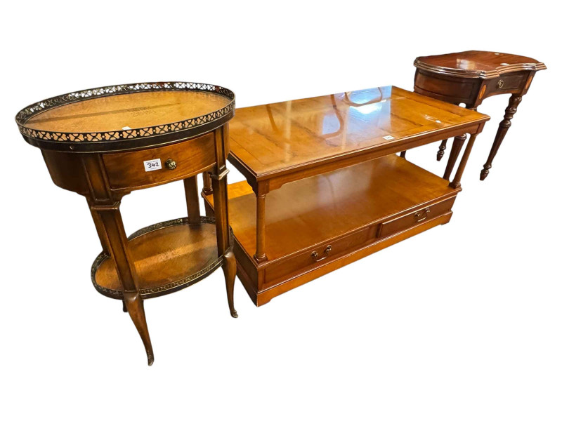 Strongbow yew rectangular two drawer low centre table, oval leather inset two-tier table and mahogany inverted kidney shaped lamp table (3).